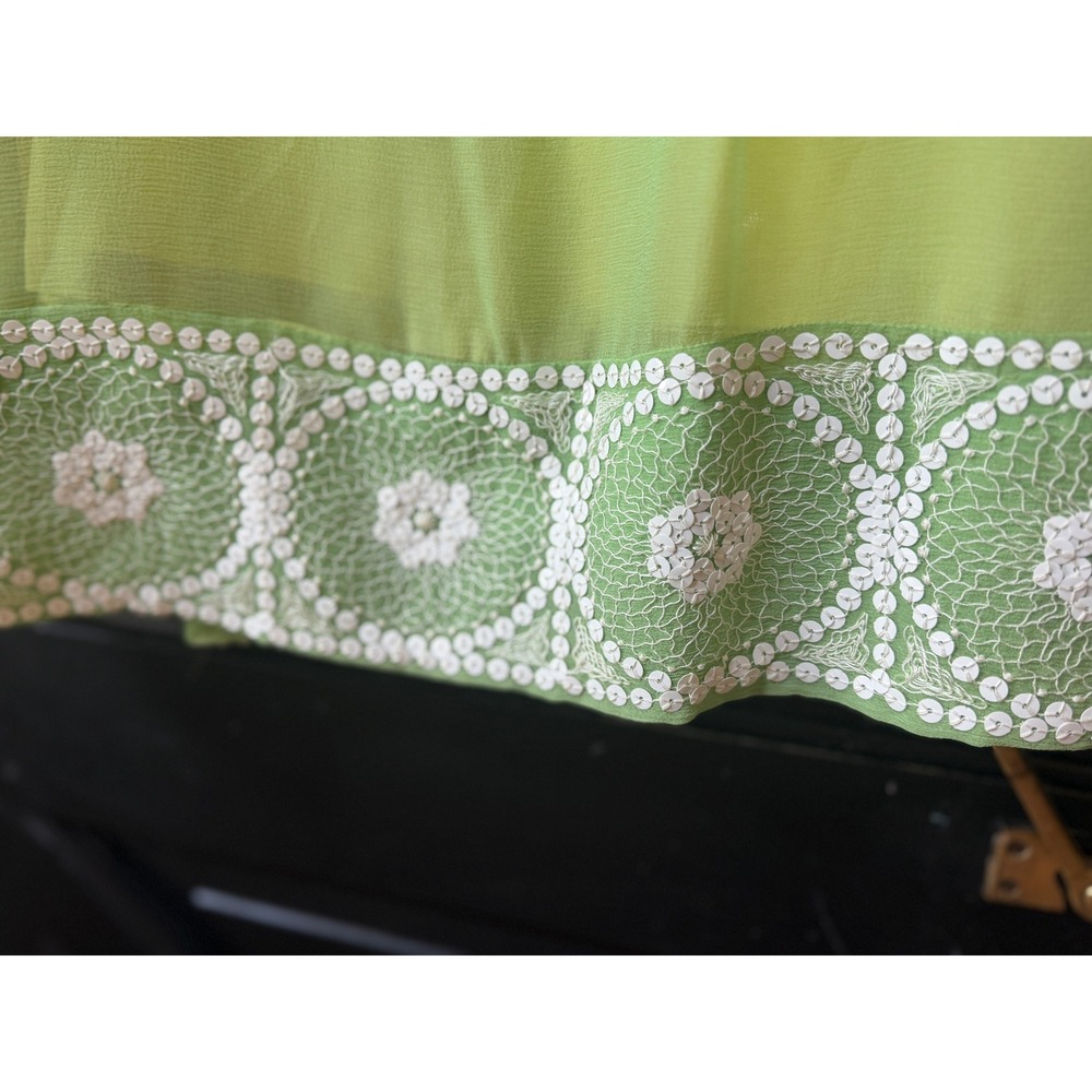 Vintage 1970s Lime Green Chiffon Dress Crochet Sequin Bodice Sheer Sleeve 70s - Picture 11 of 12